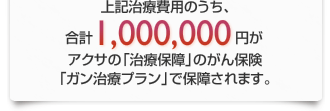 上記治療費用のうち、合計1,000,000円がアクサの「治療保障」のがん保険「ガン治療プラン」で保障されます。